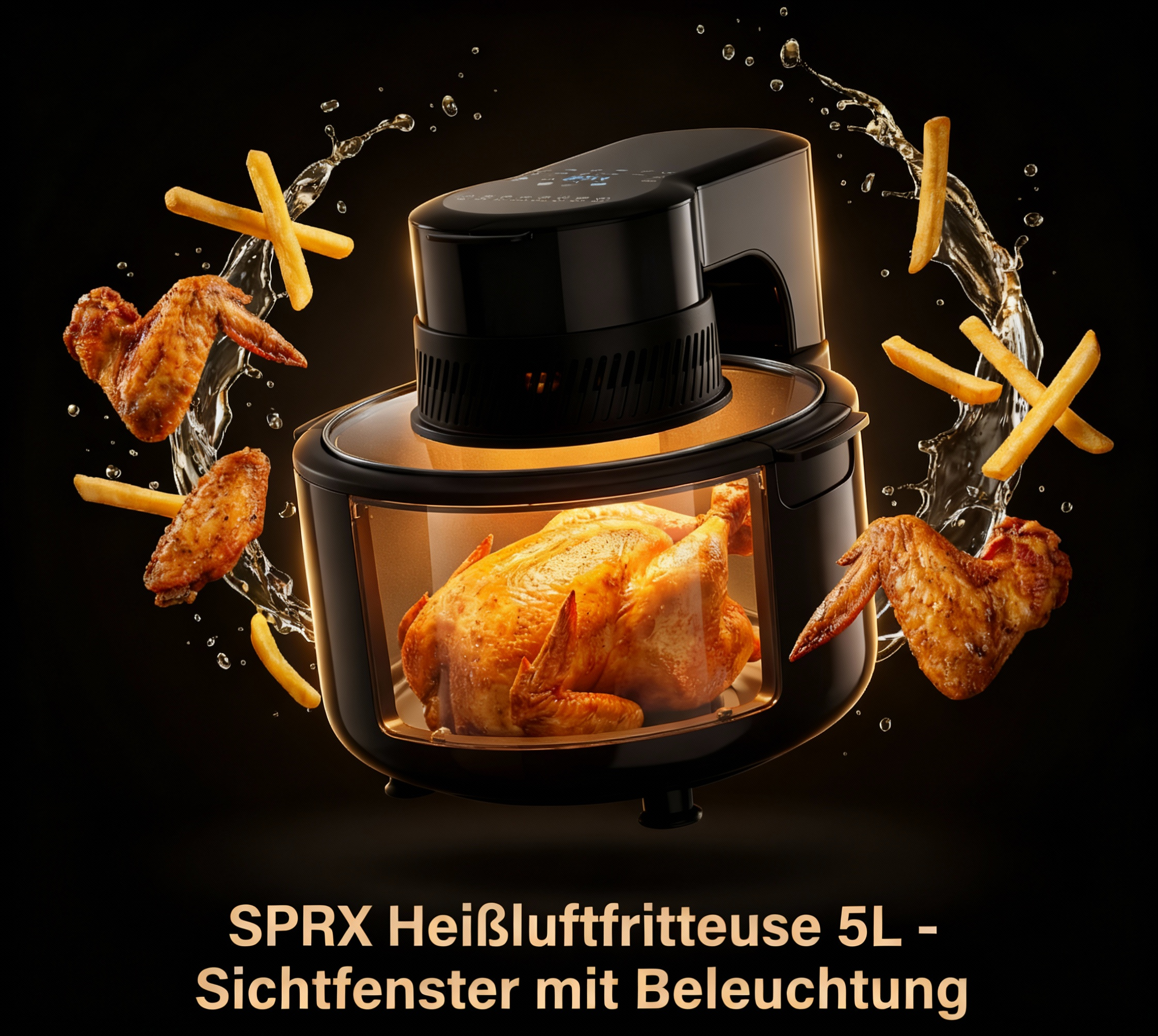 Ein Brathähnchen und Flügel in einem schwarzen Heißluftfritteuse, mit Pommes.