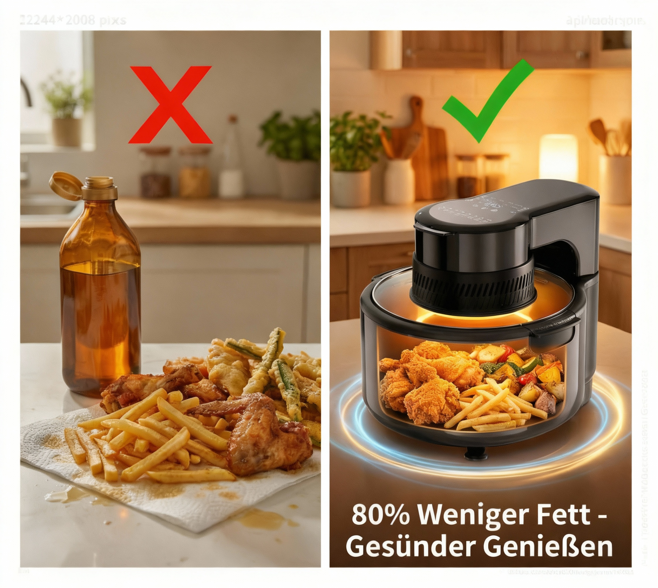 Links: Frittiertes Essen mit rotem X. Rechts: Heißluftfritteuse mit Essen und grünem Haken.