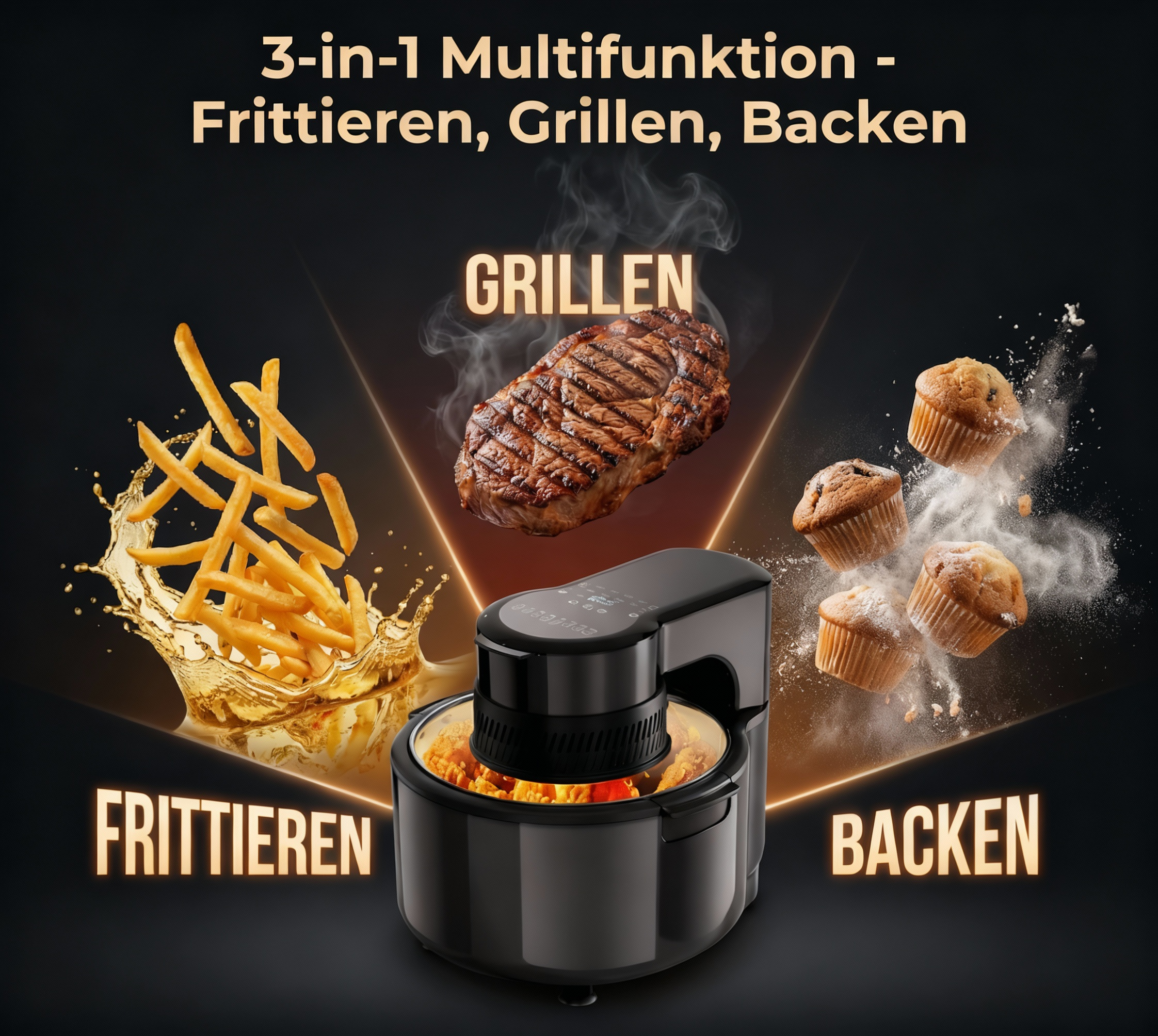 Ein multifunktionaler Kocher zeigt Frittieren, Grillen und Backen mit Fries, Steak und Muffins.
