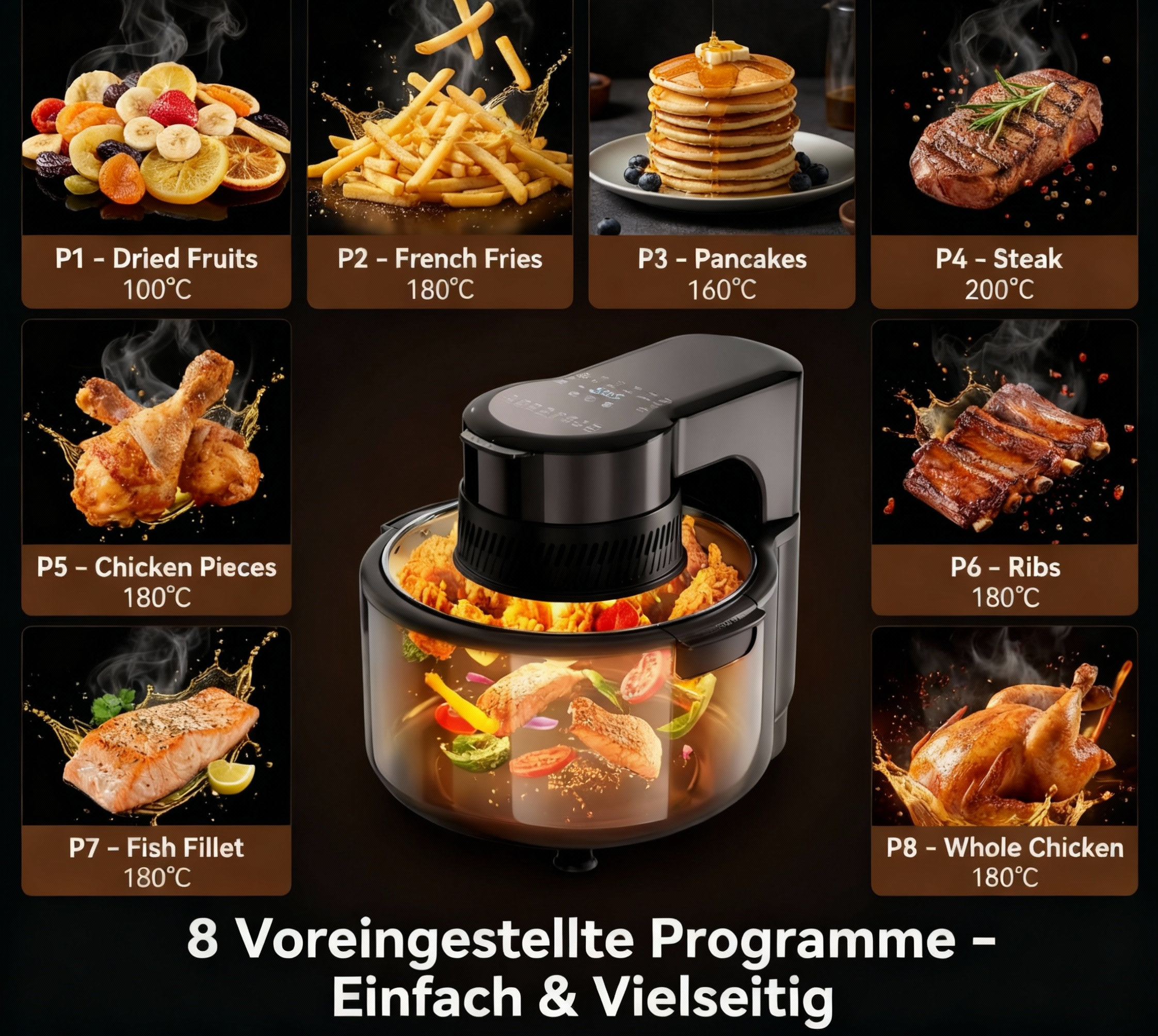 Getrocknete Früchte, Pommes, Pfannkuchen, Steak, Hähnchen, Rippchen, Fisch, Huhn.