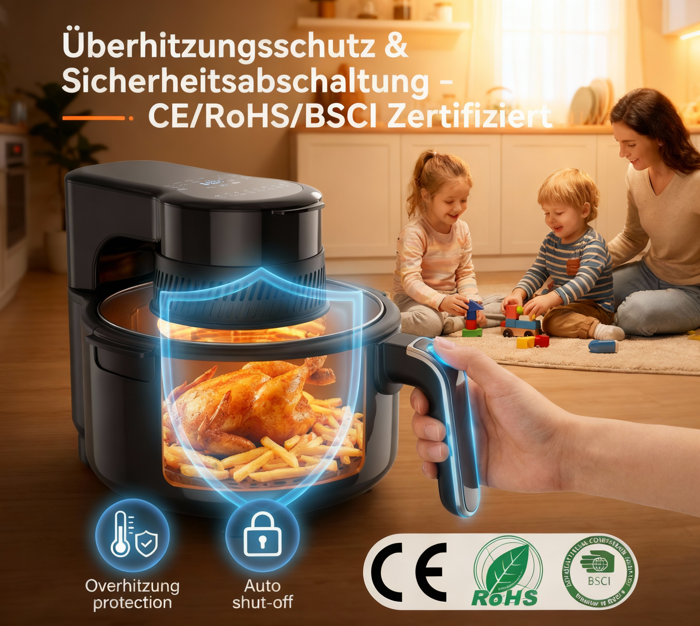 Ein Airfryer mit Hähnchen und Pommes. Familie spielt im Hintergrund.