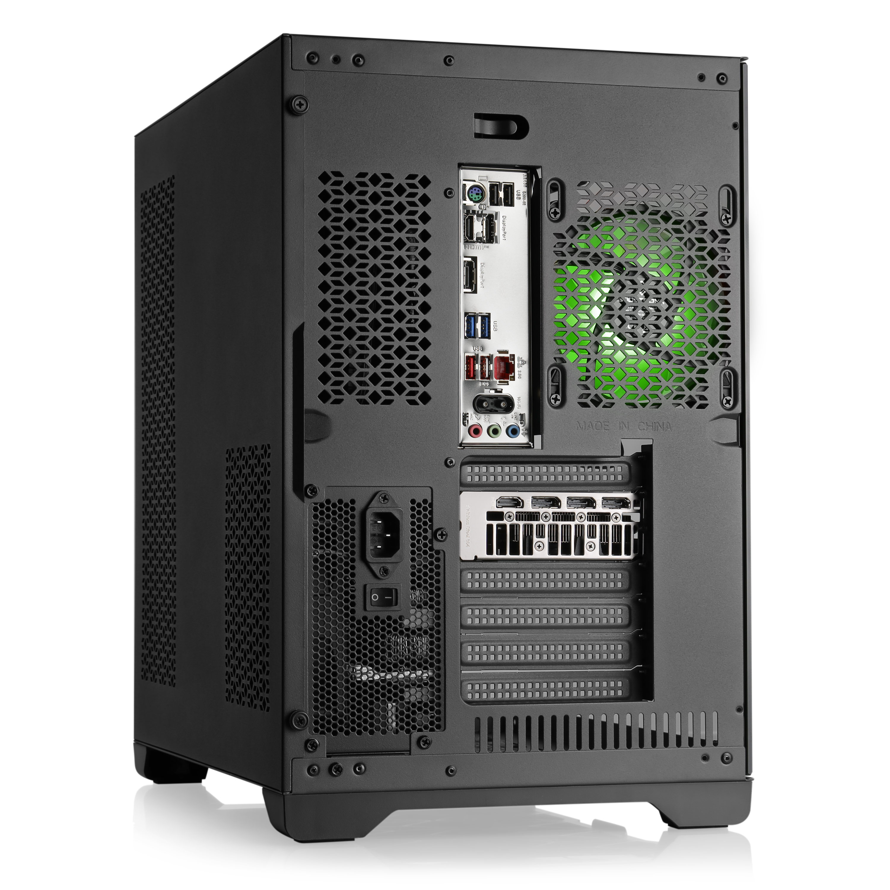 Retro di un case PC nero con porte e ventola verde.