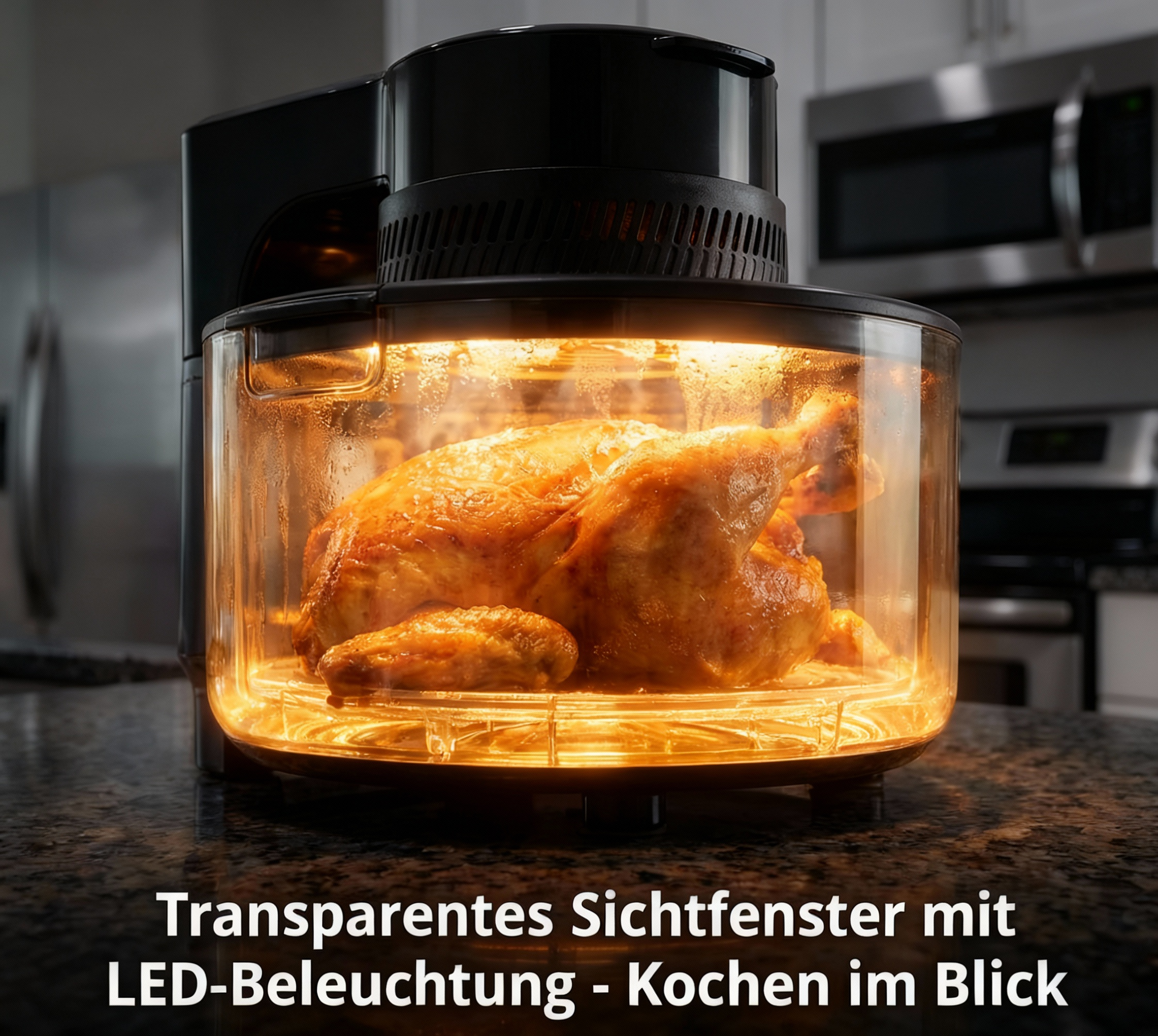 Ein Brathähnchen gart in einem transparenten Gerät mit LED-Beleuchtung.