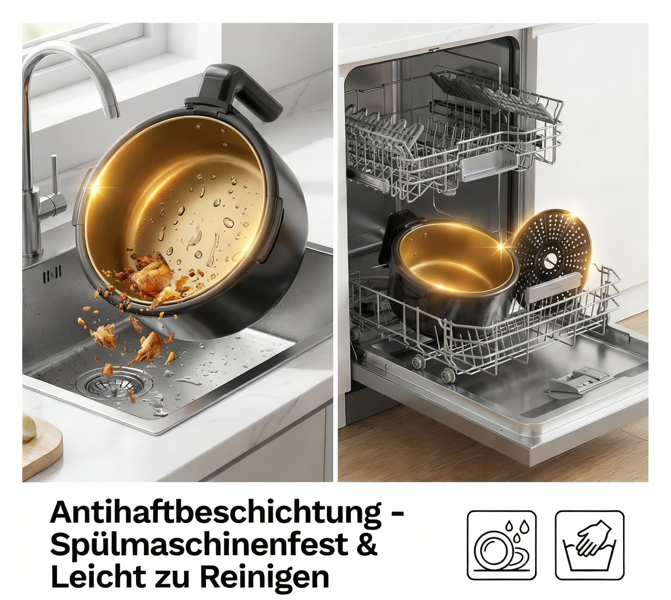 Luftfritteuse-Einsatz wird unter einem Wasserhahn gereinigt und in einer Spülmaschine platziert.