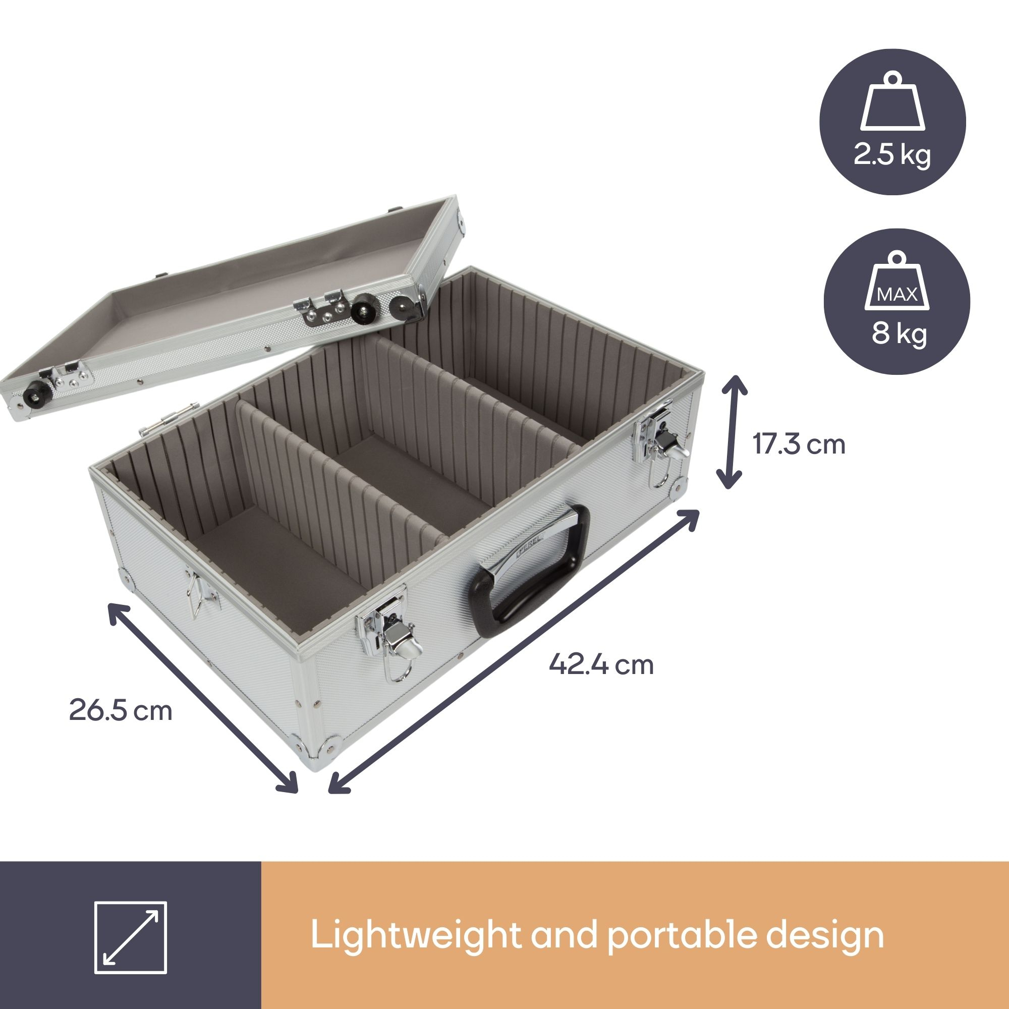 Valigetta argento con scomparti, dimensioni 42,4x26,5x17,3 cm, peso a vuoto 2,5 kg.