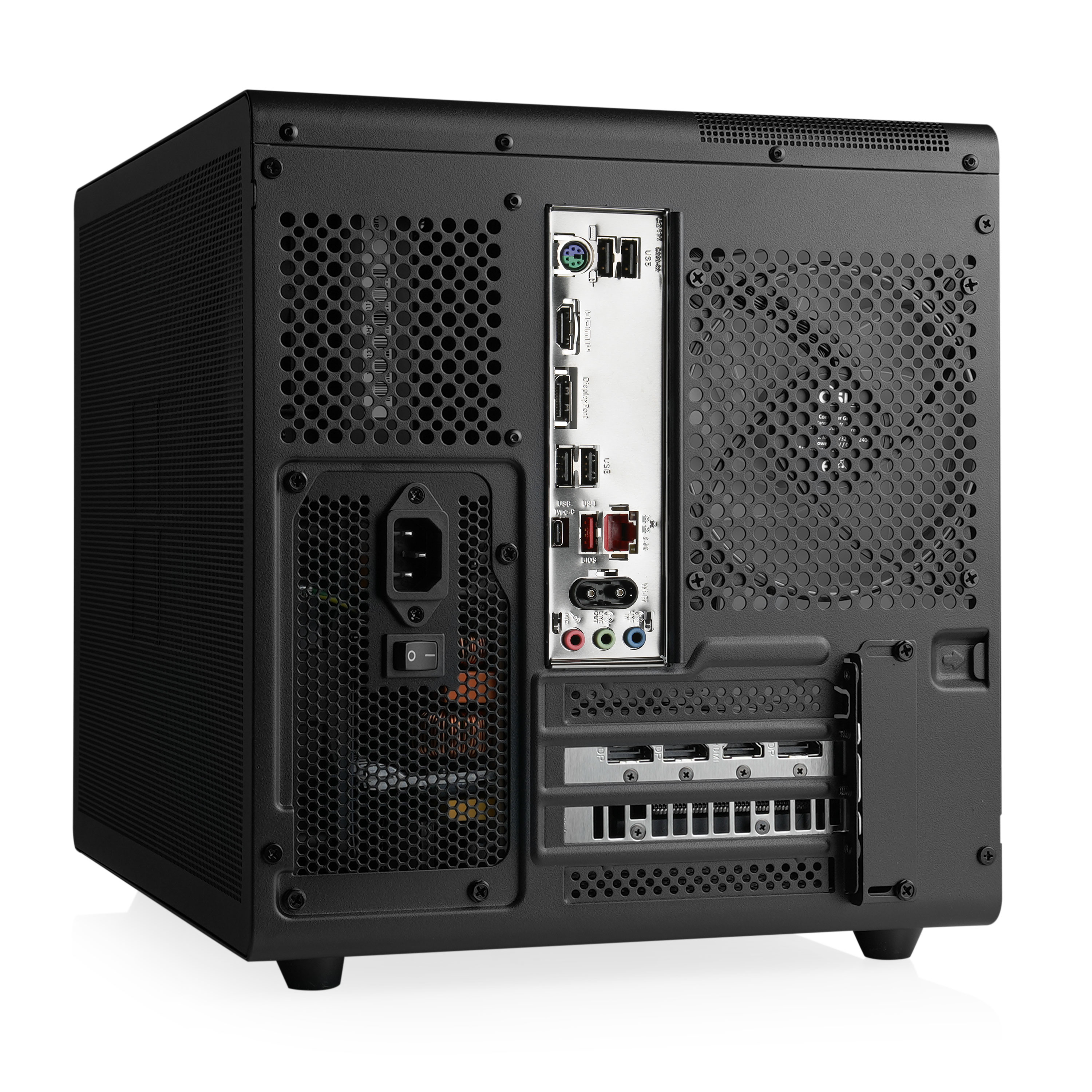 Arrière d'un ordinateur noir montrant les ports USB, HDMI, DisplayPort et alimentation.