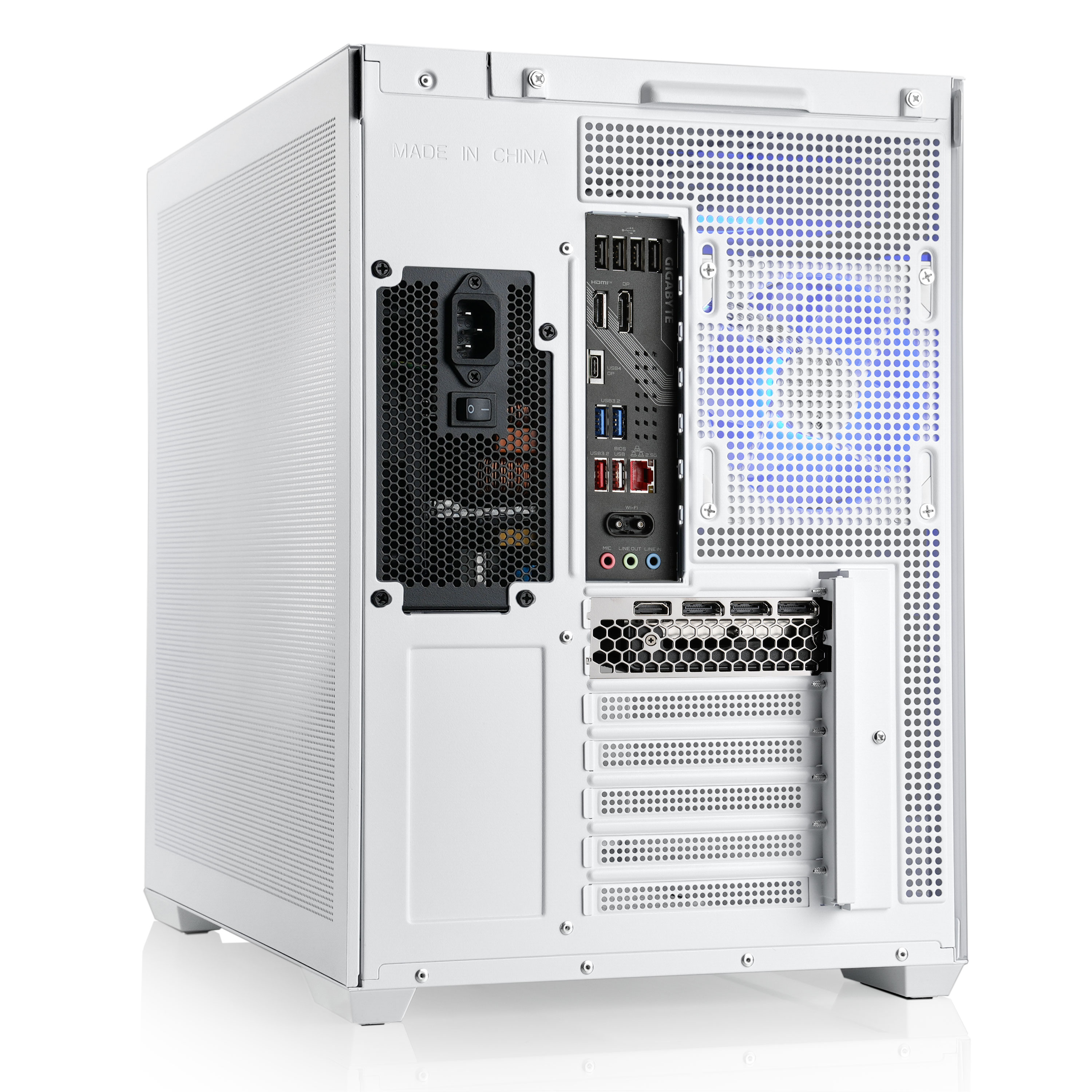 Retro di un case PC bianco con porte e prese d'aria.