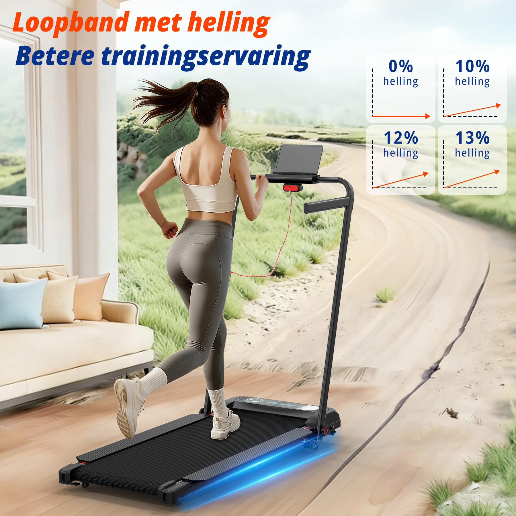Vrouw rent op loopband met hellingsgrafieken, binnen met uitzicht naar buiten.
