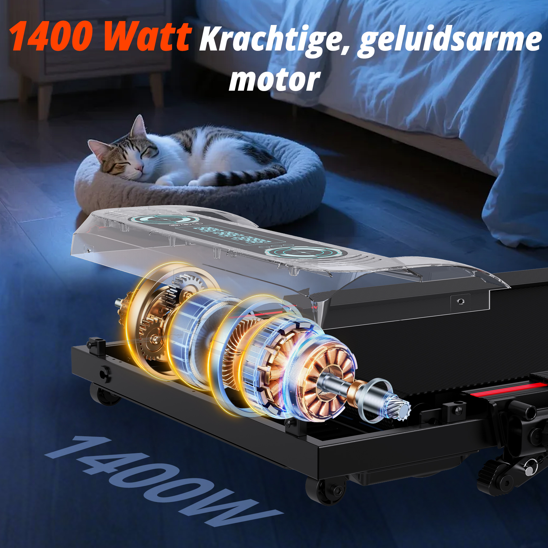 Een kat slaapt terwijl een loopband met zichtbare motor wordt getoond.
