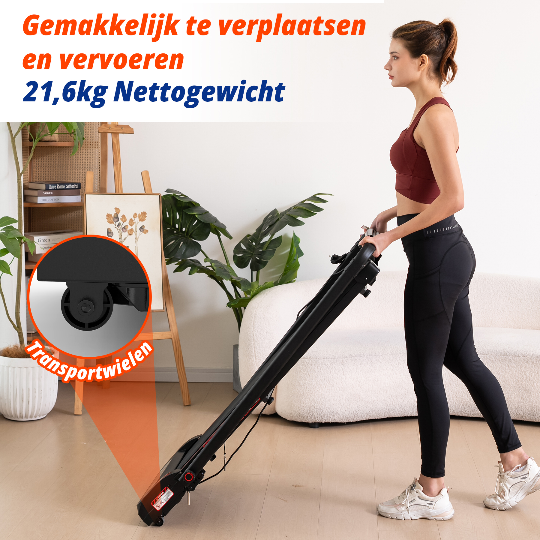 Een vrouw verplaatst een zwart loopband met transportwielen. Het weegt 21,6 kg.