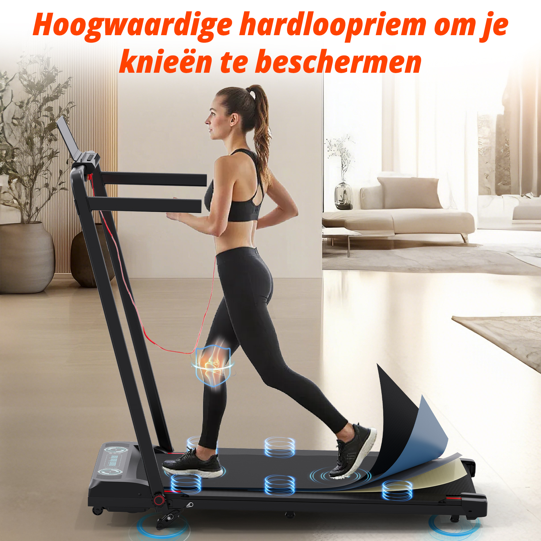 Vrouw op loopband met kniebeschermingsgrafiek en veringseffect.