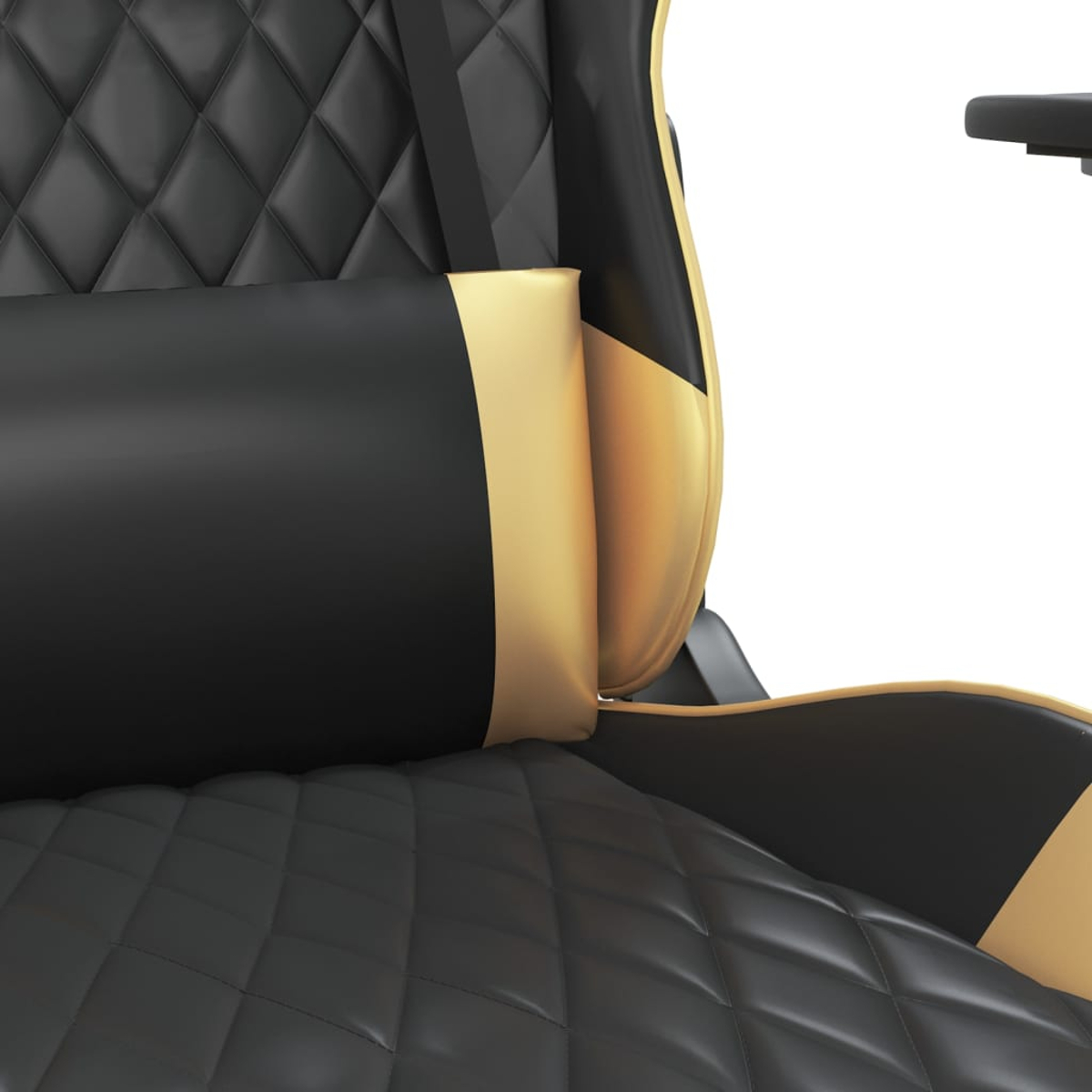 Schwarzer Stuhl mit gestepptem Sitz und goldener Polsterung.
