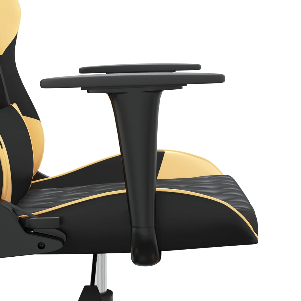 Schwarzer Gamingstuhl mit goldener Polsterung und verstellbarem Arm。
