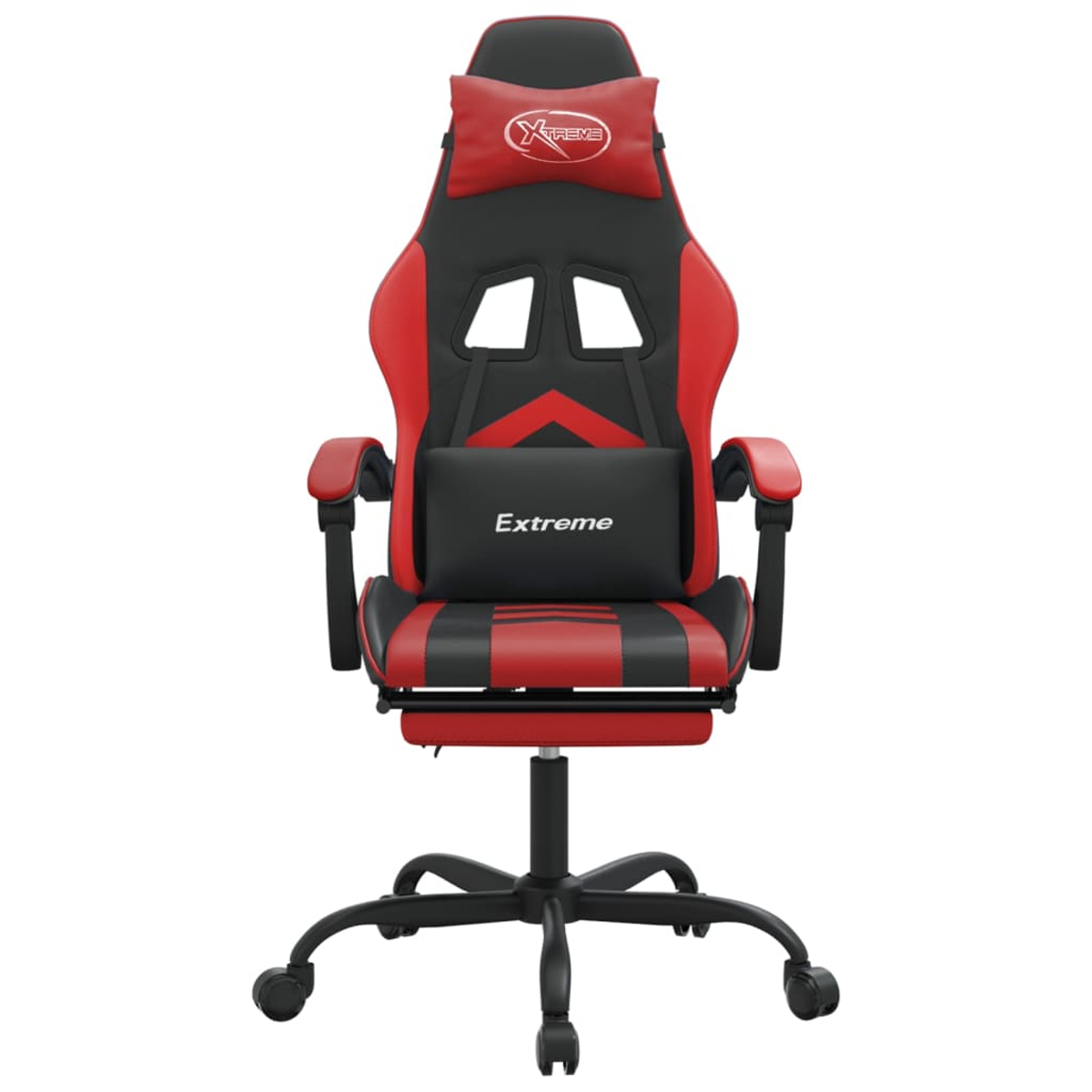 Ein roter und schwarzer Gaming-Stuhl mit Fußstütze und Kissen.