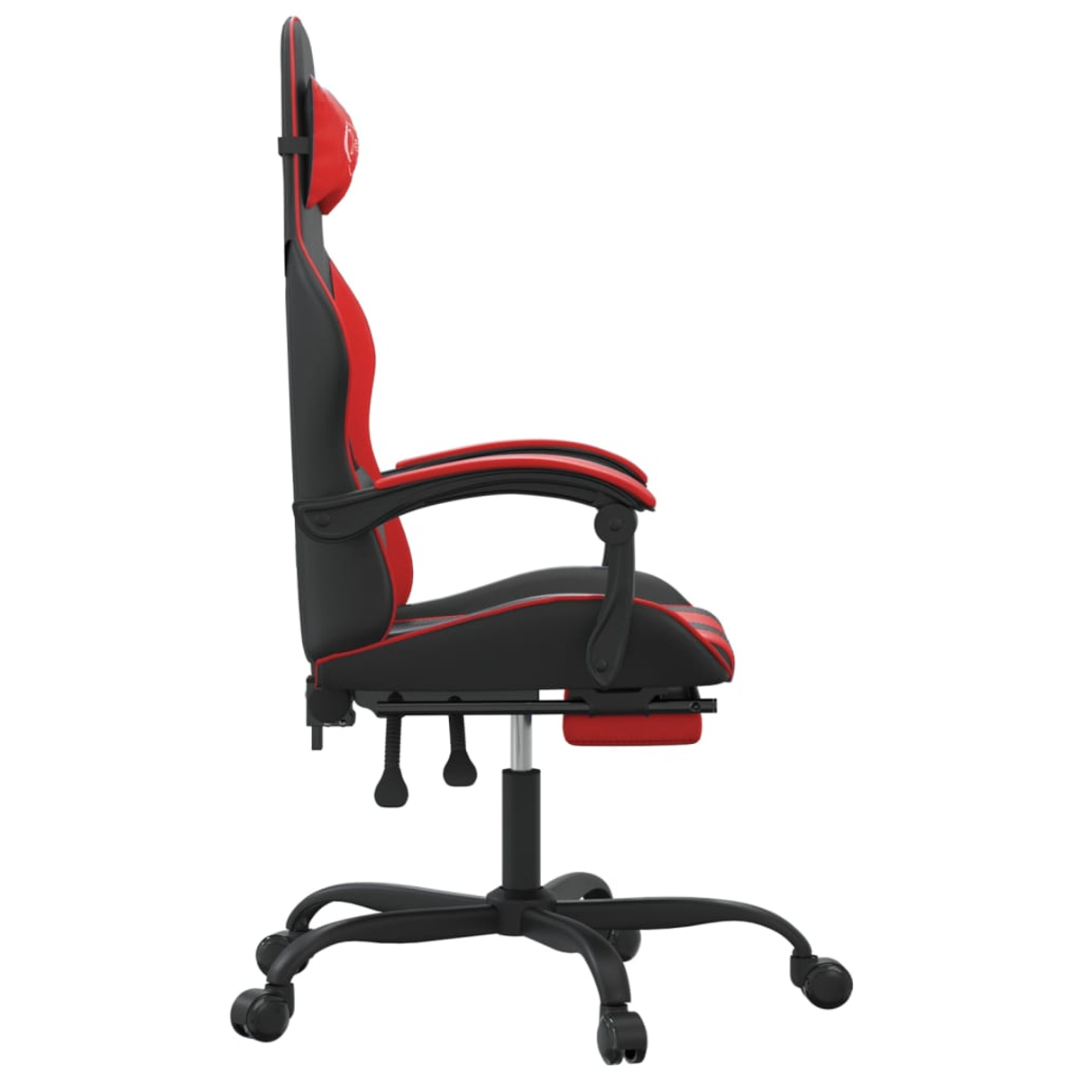 Ein schwarzer und roter Gaming-Stuhl mit Armlehnen und einem ausziehbaren Fußteil.