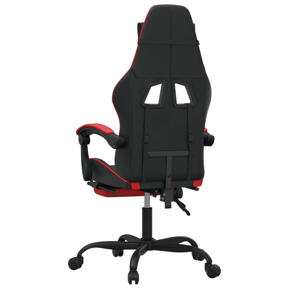 Rückansicht eines schwarzen Gaming-Stuhls mit roten Akzenten und Rädern.