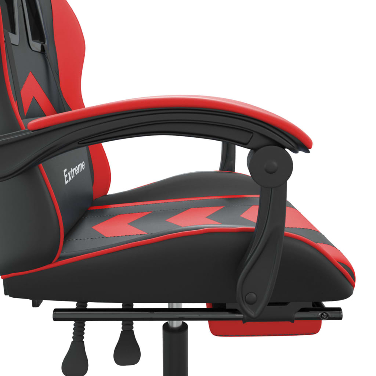Schwarzer Gaming-Stuhl mit roten Akzenten und Pfeilmuster.