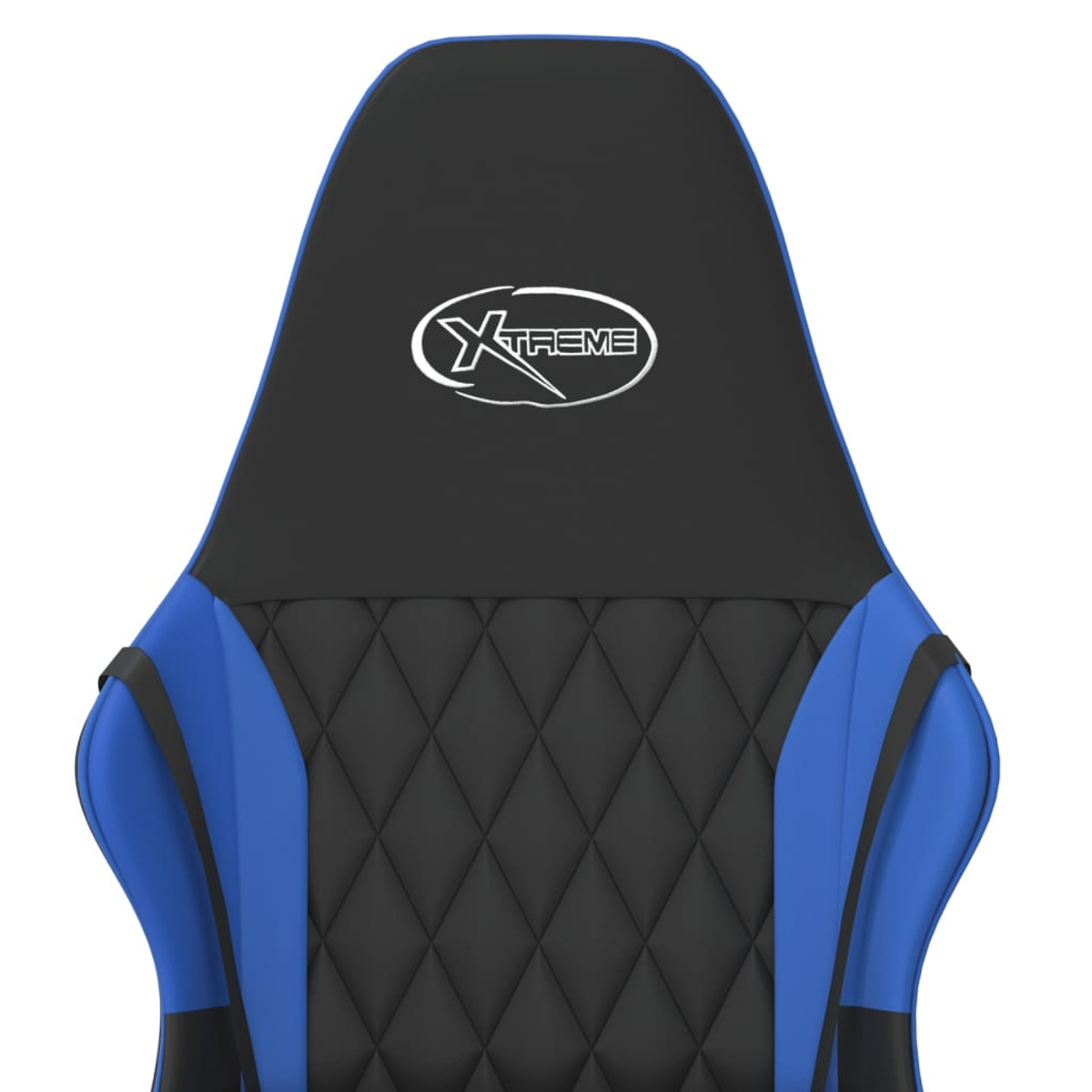 Ein schwarzer und blauer Gaming-Stuhl mit Logo auf der Rückseite.