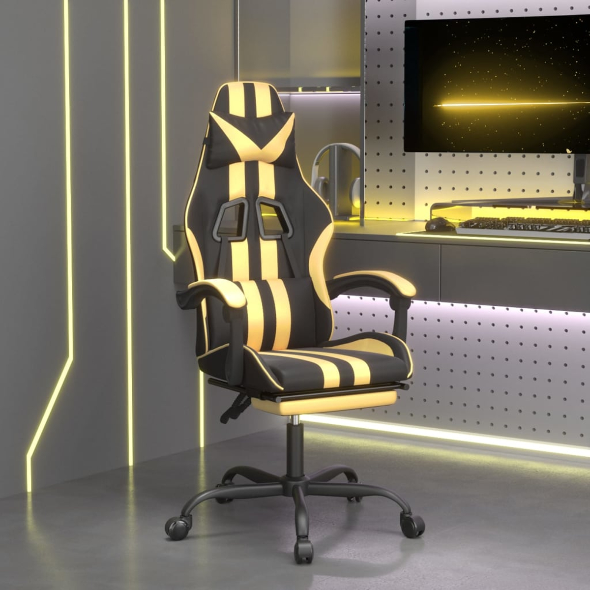 Ein schwarzer und gelber Gaming-Stuhl mit Rollen steht vor Neonlichtern.