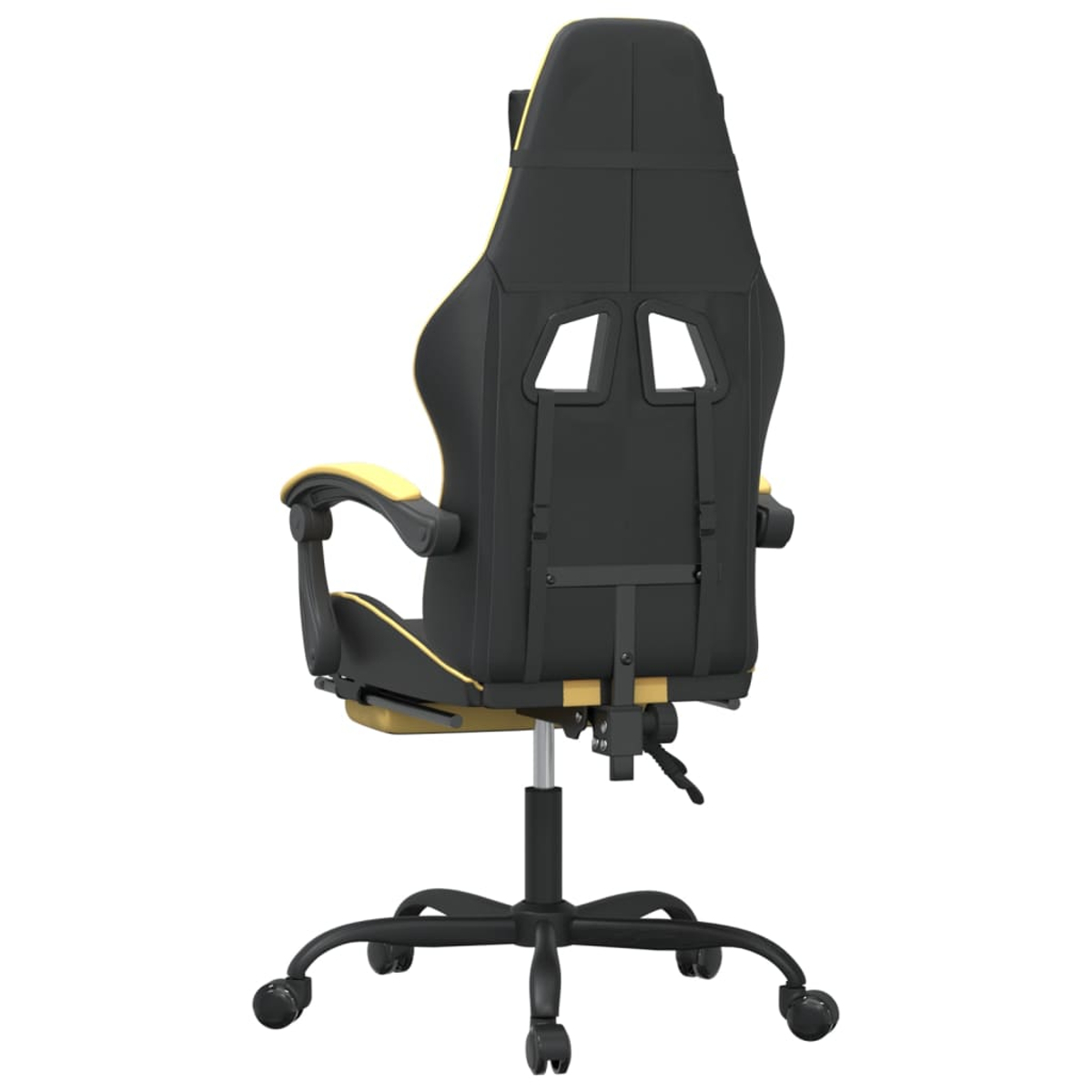 Schwarzer Gaming-Stuhl mit gelben Akzenten, von hinten gesehen, auf Rollen.