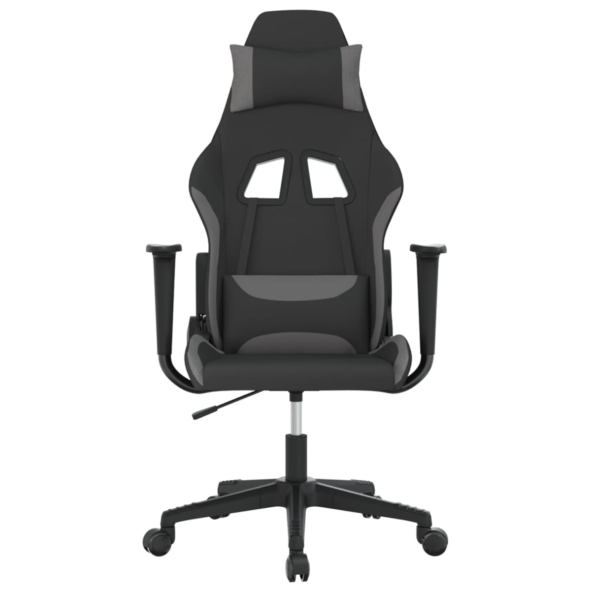 Ein schwarzer und grauer Gaming-Stuhl mit verstellbaren Armlehnen und Kopfstütze.
