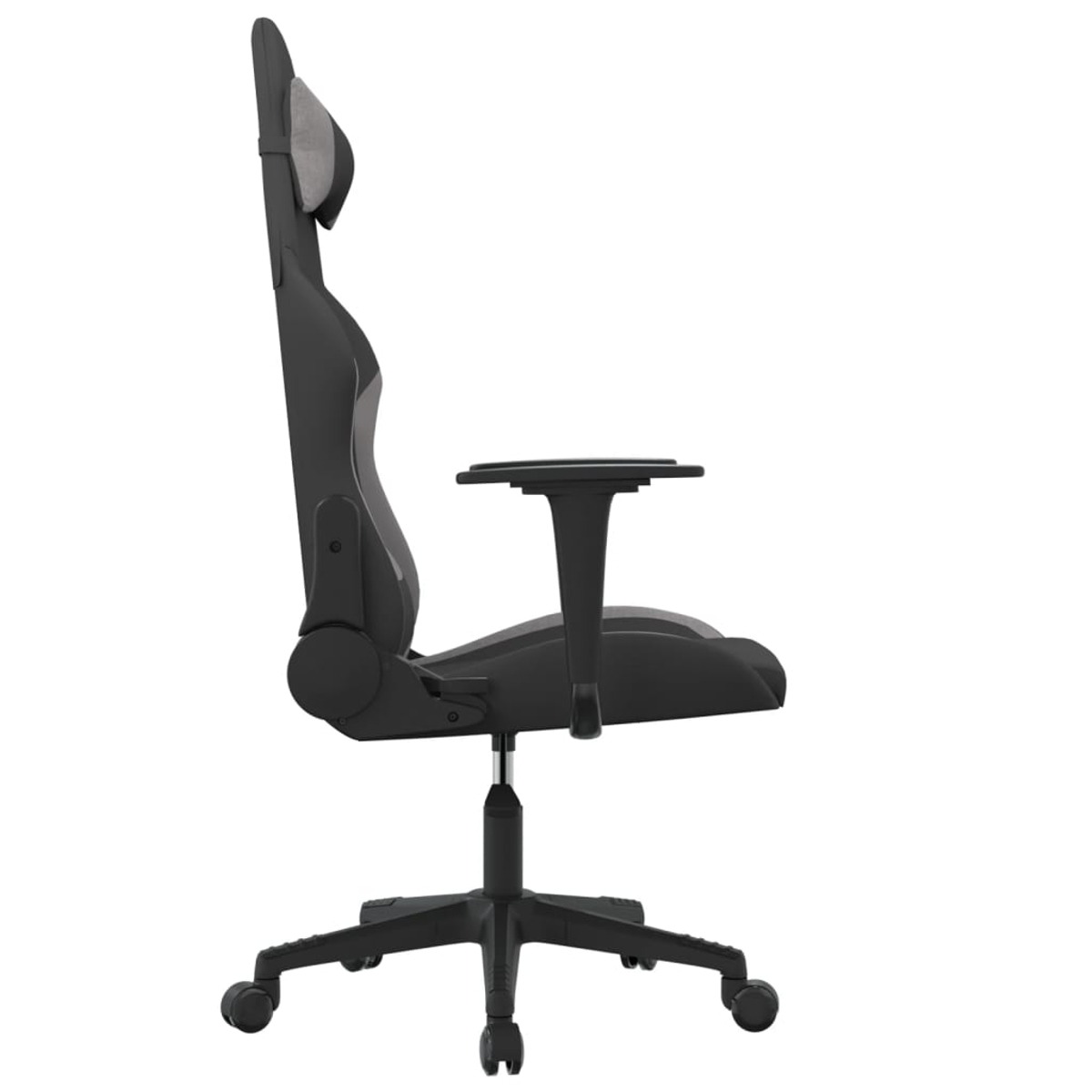 Schwarzer ergonomischer Gaming-Stuhl mit verstellbaren Armlehnen und Kopfstütze, auf Rollen.