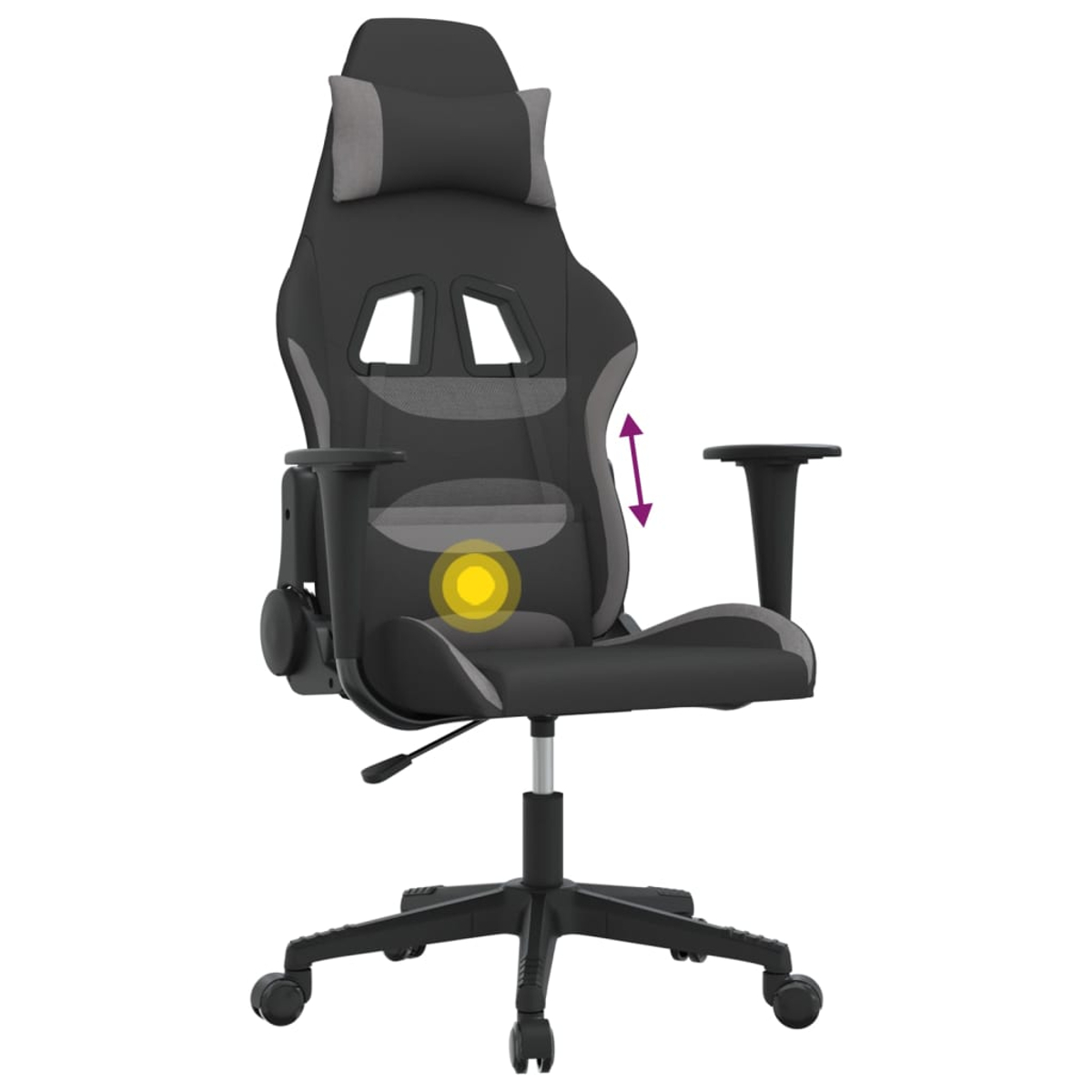 Ein schwarzer Gaming-Stuhl mit grauen Akzenten, verstellbarer Kopfstütze und Armlehnen.