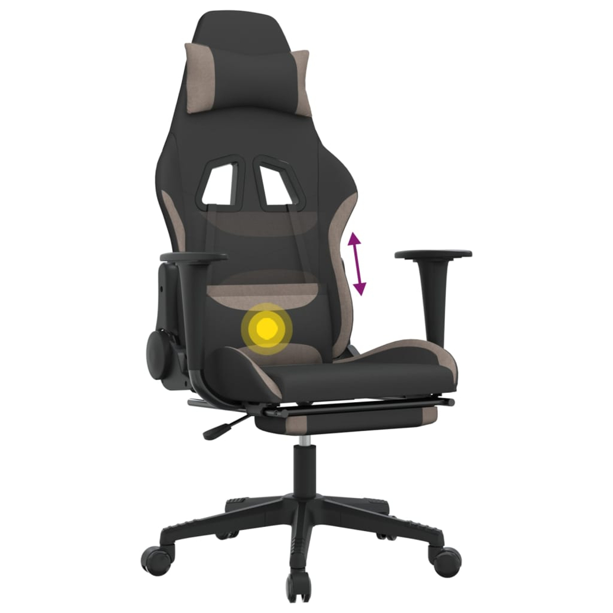 Ein schwarzer Gaming-Stuhl mit braunen Akzenten, verstellbarem Fußgestell und Kissen.