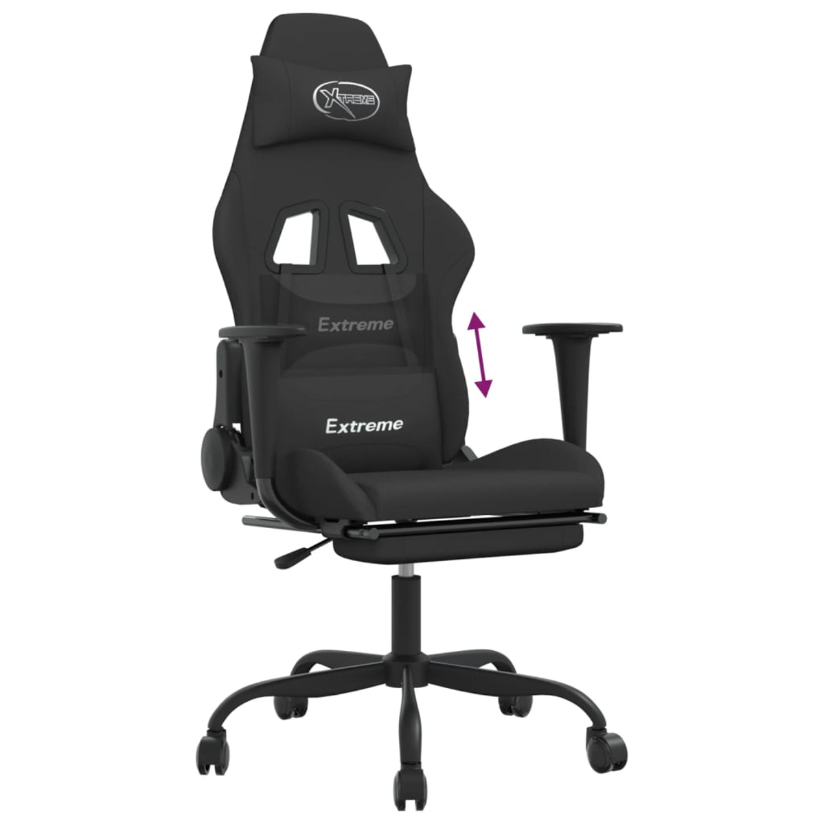 Schwarzer Gaming-Stuhl mit verstellbaren Armlehnen und Fußstütze.