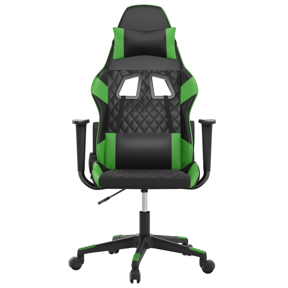 Ein schwarzer und grüner Gaming-Stuhl mit Kopfstütze und Lendenkissen.