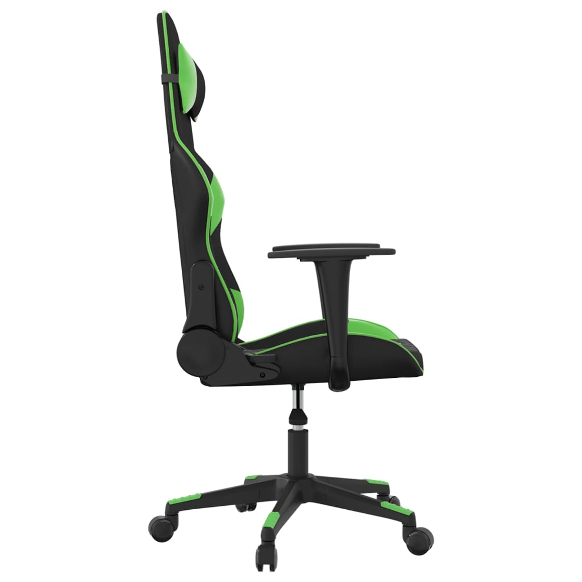 Schwarzer Gaming-Stuhl mit grünen Akzenten, von der Seite gesehen.