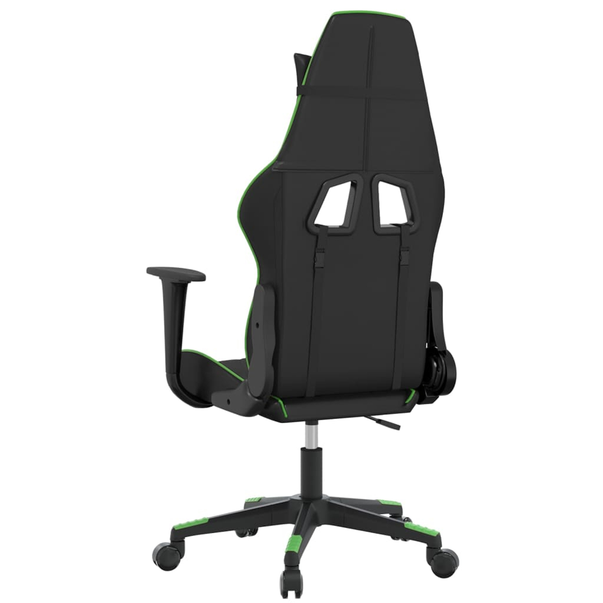 Schwarzer Gaming-Stuhl mit grünen Akzenten, Rückenansicht mit zwei Aussparungen.