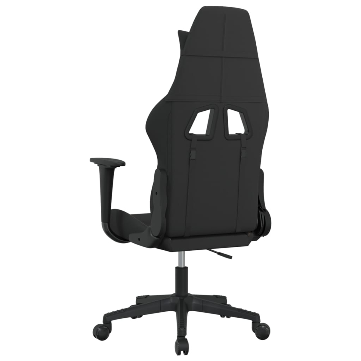 Schwarzer Gaming-Stuhl von hinten mit Armlehnen und Rollenbasis.