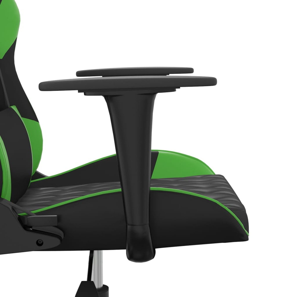 Schwarz-grüner Gaming-Stuhl mit Armlehne und gepolstertem Sitz.