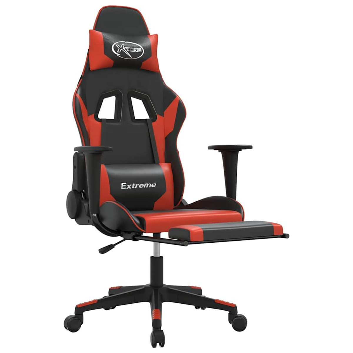 Ein roter und schwarzer Gaming-Stuhl mit ausziehbarer Fußstütze und Kopfstütze.