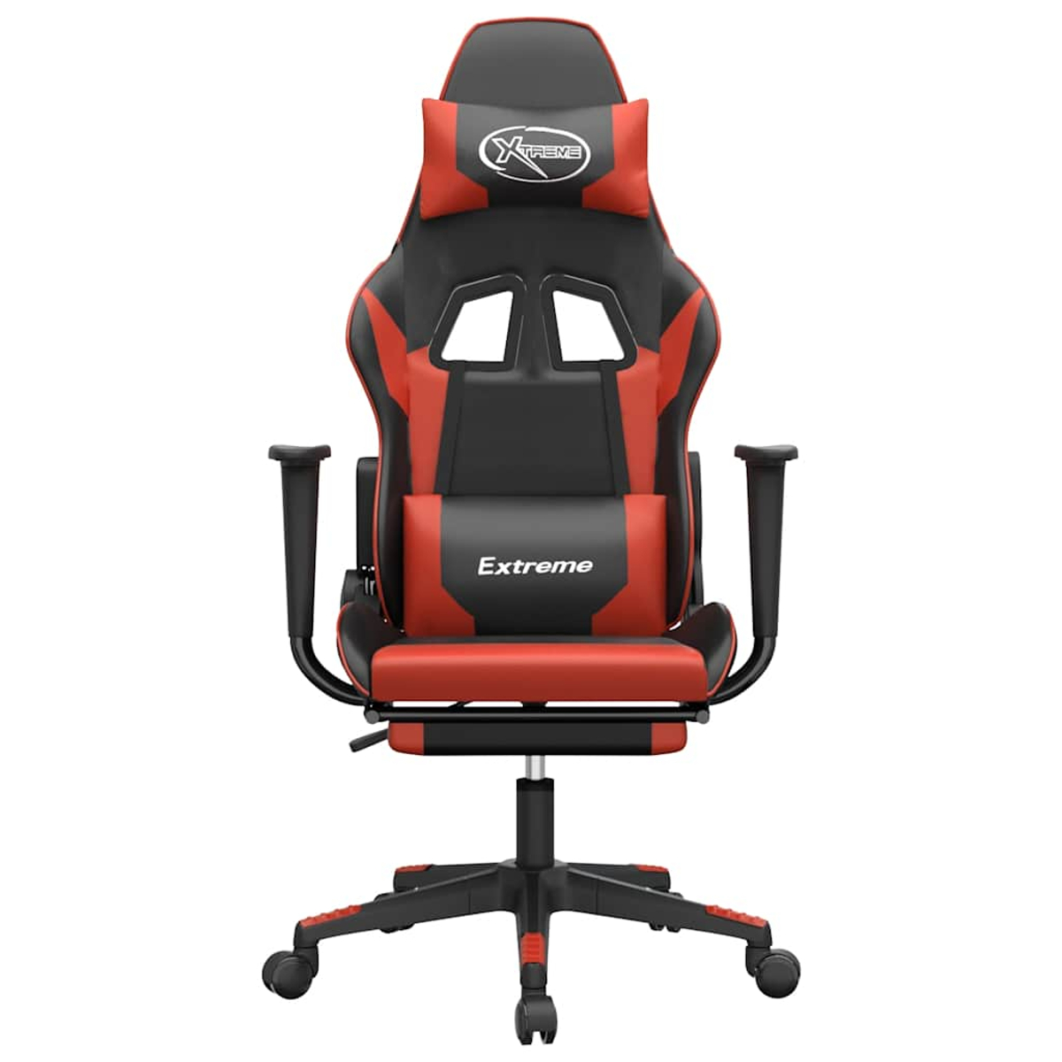Ein roter und schwarzer Gaming-Stuhl mit Kopfstütze und Lendenkissen.