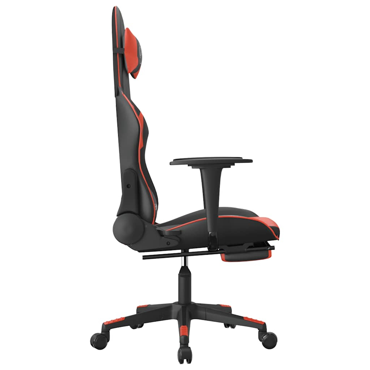 Schwarzer Gaming-Stuhl mit roten Akzenten, von der Seite gesehen.