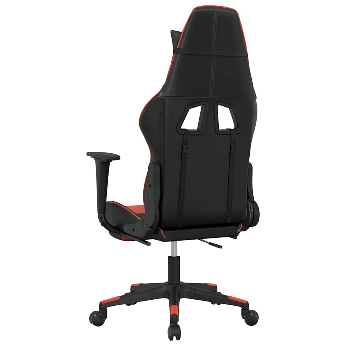 Schwarzer Gaming-Stuhl mit roten Akzenten, von hinten gesehen.