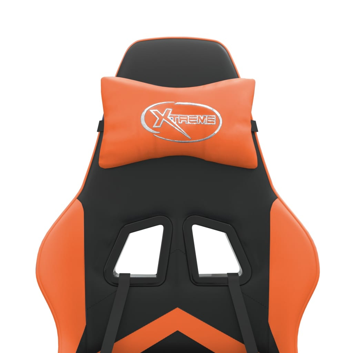 Ein oranges und schwarzes Gaming-Stuhl-Detail mit Logo auf dem Nackenkissen.