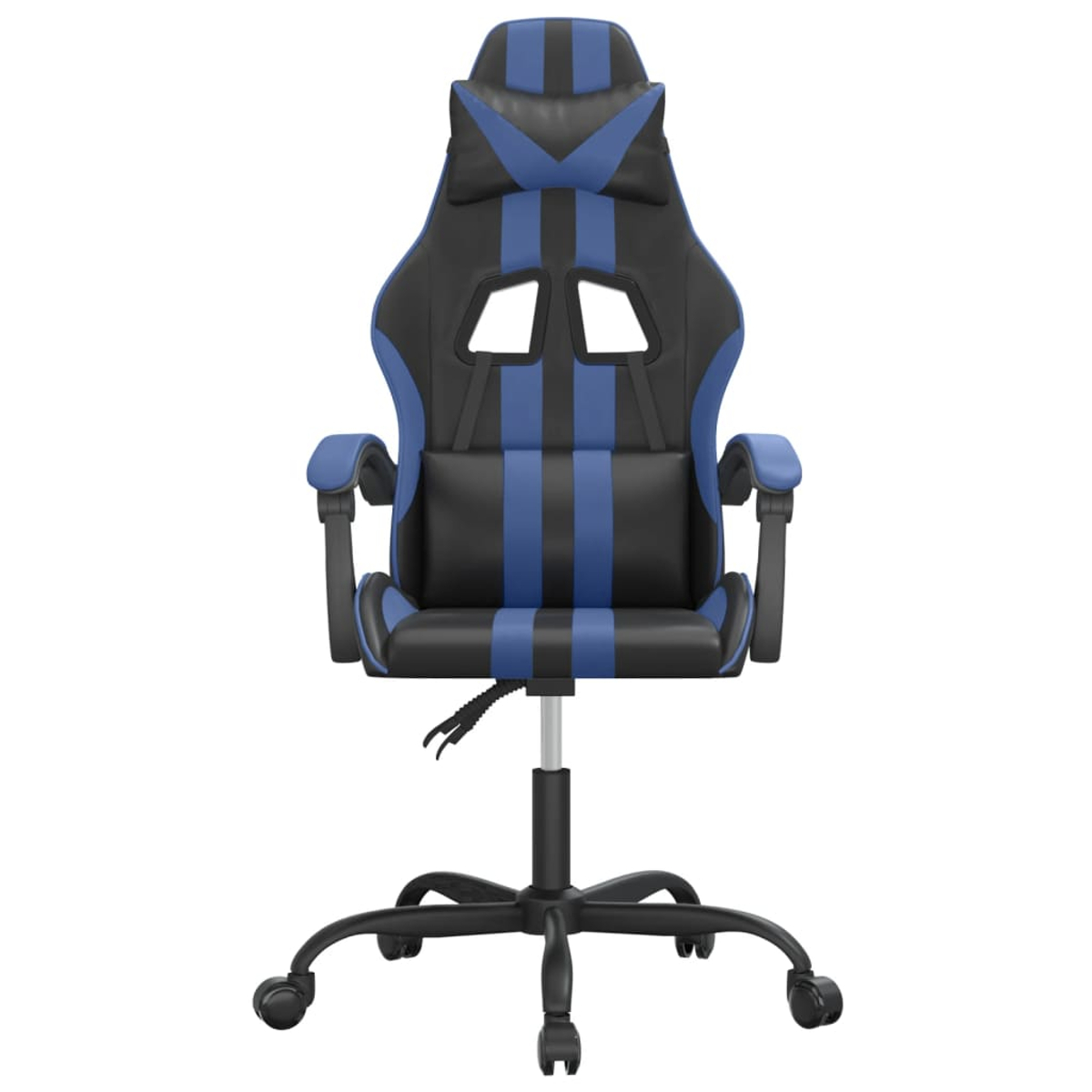Ein schwarzer und blauer Gaming-Stuhl mit verstellbarer Rückenlehne und Rollen.