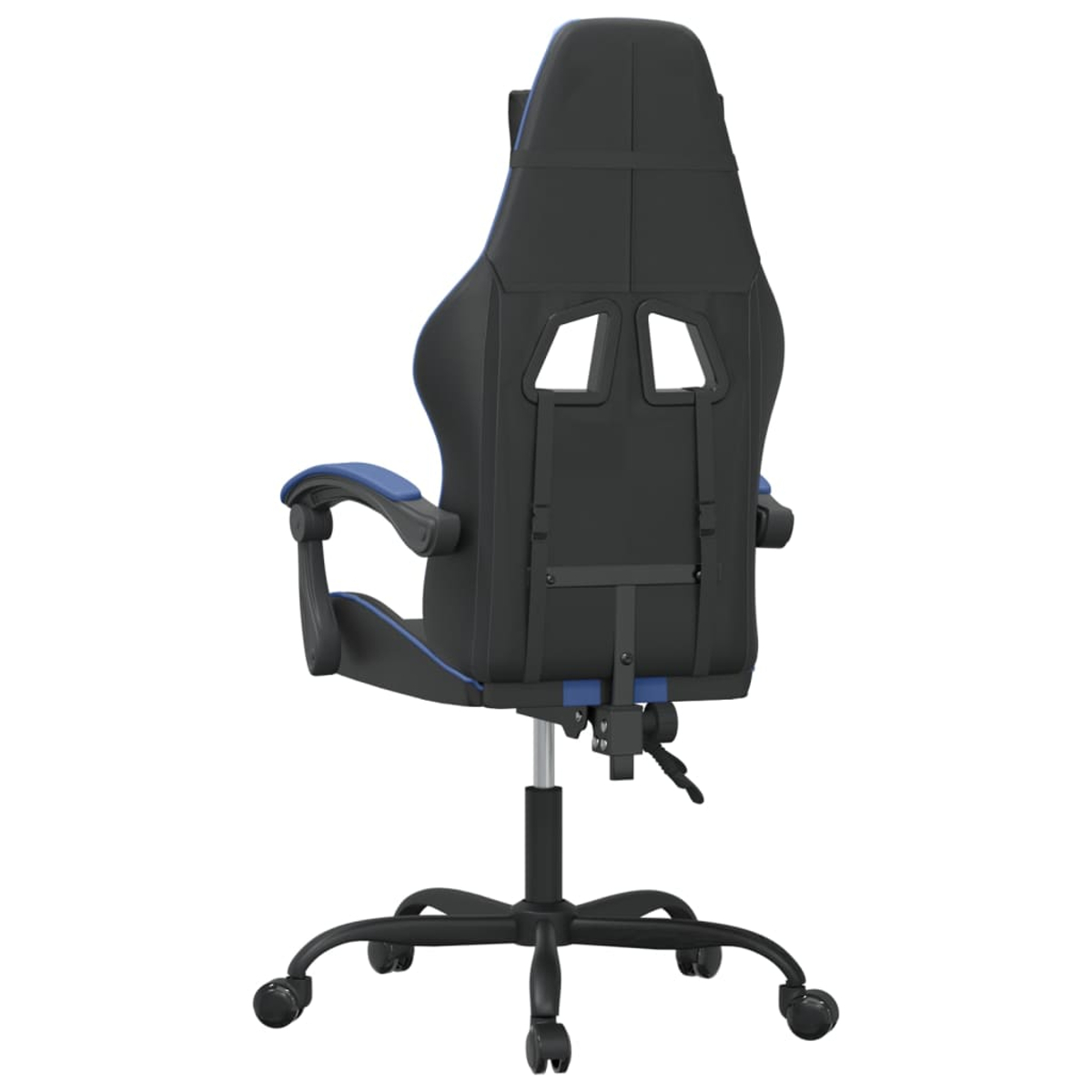 Rückansicht eines schwarzen Gaming-Stuhls mit blauen Akzenten und Rädern.