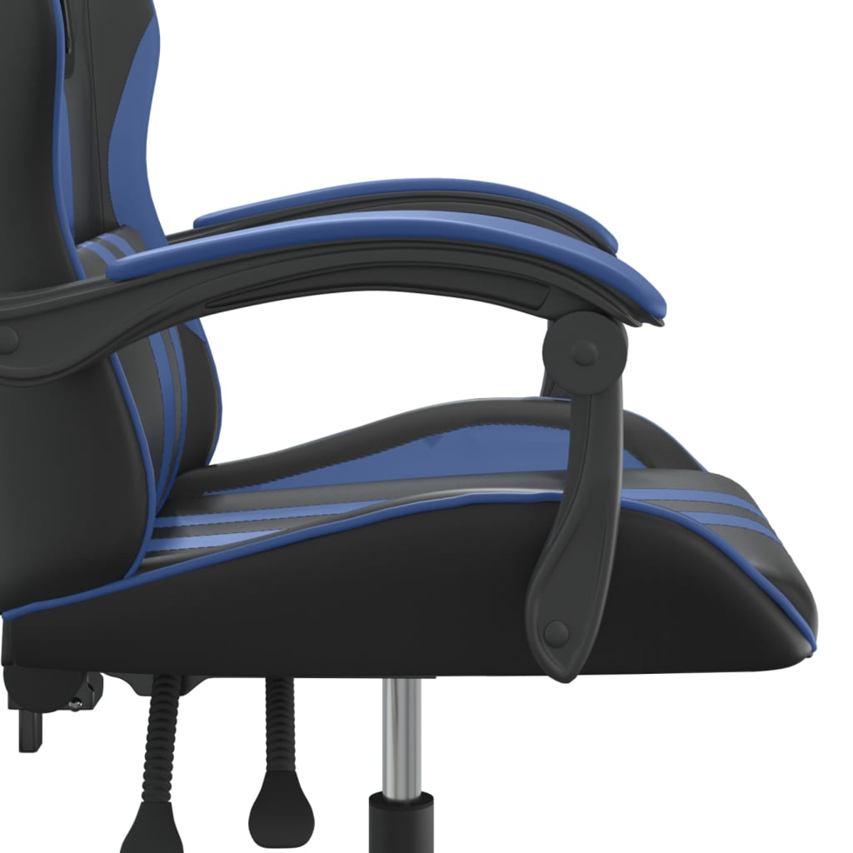 Ein schwarzer und blauer Gaming-Stuhl im Seitenprofil mit Armlehnen und Metallbasis.