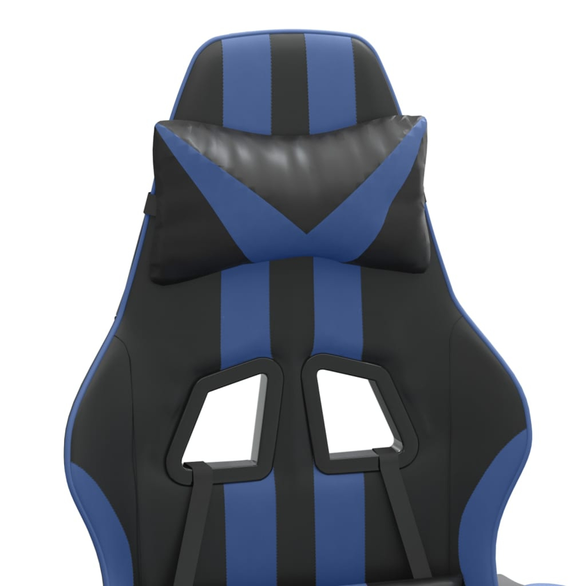 Ein schwarzer und blauer Gaming-Stuhl mit Kopfkissen und Aussparungen.