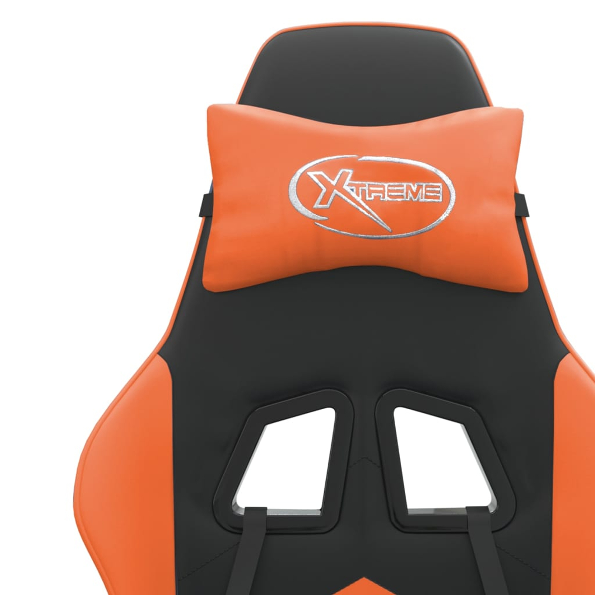 Ein orange-schwarzer Gaming-Stuhl mit einem Nackenkissen mit Logo.