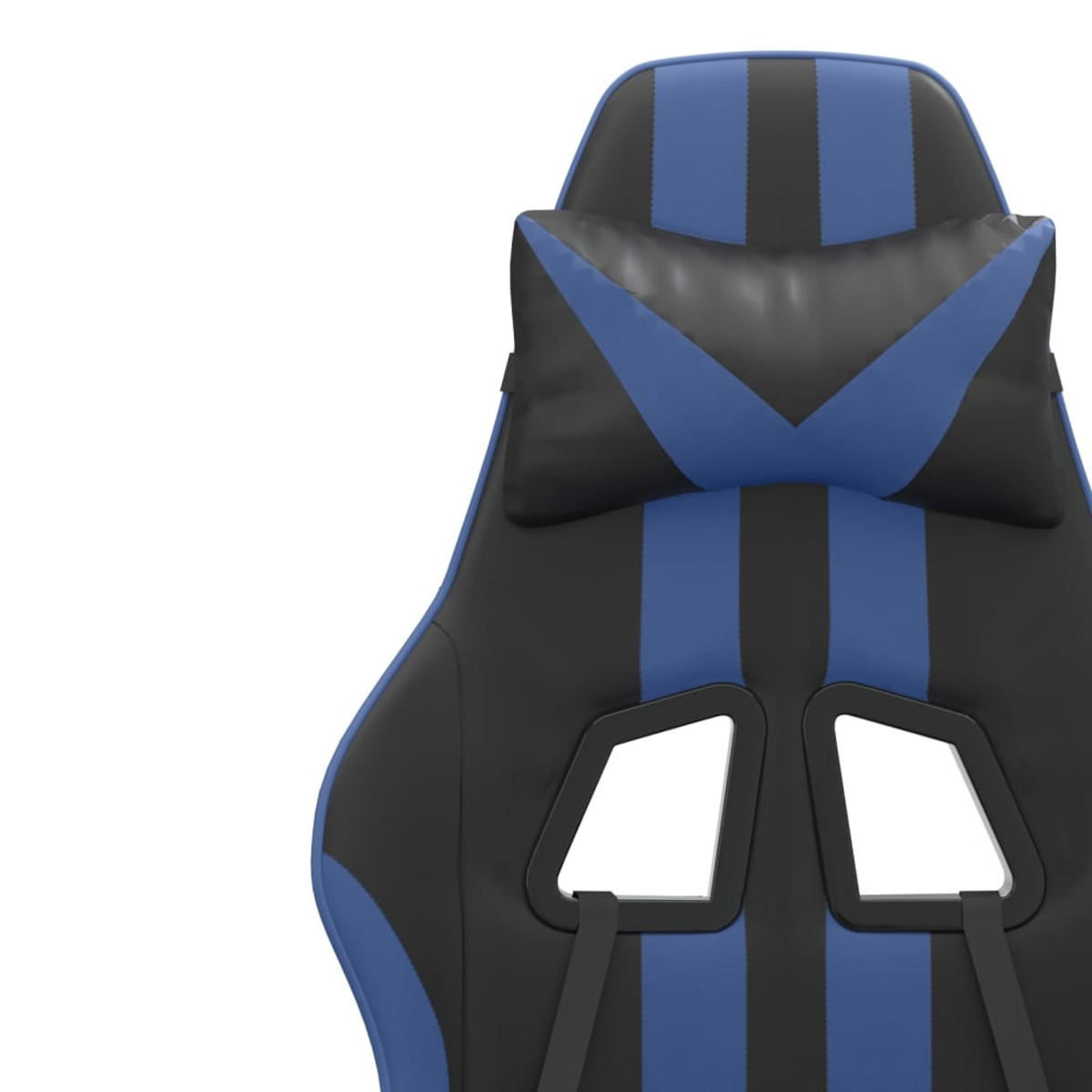 Ein schwarzer und blauer Gaming-Stuhl mit Kopfkissen. Vertikale Streifen.