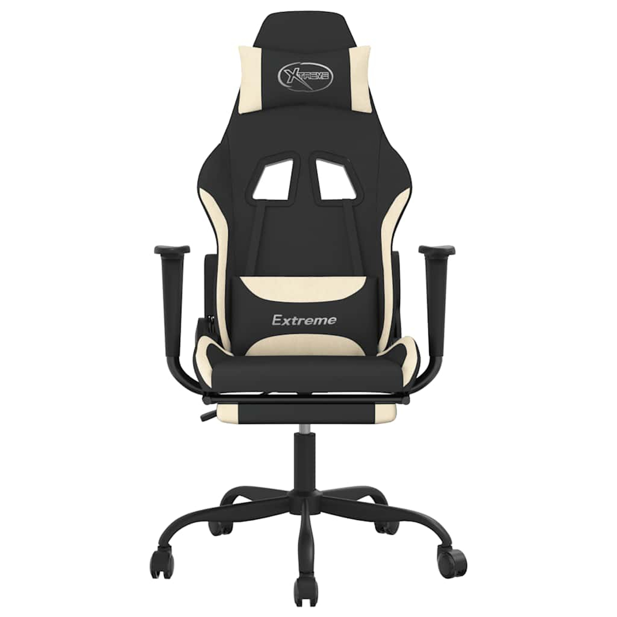 Schwarzer und cremefarbener Gaming-Stuhl mit Kopfstütze und Lendenkissen.