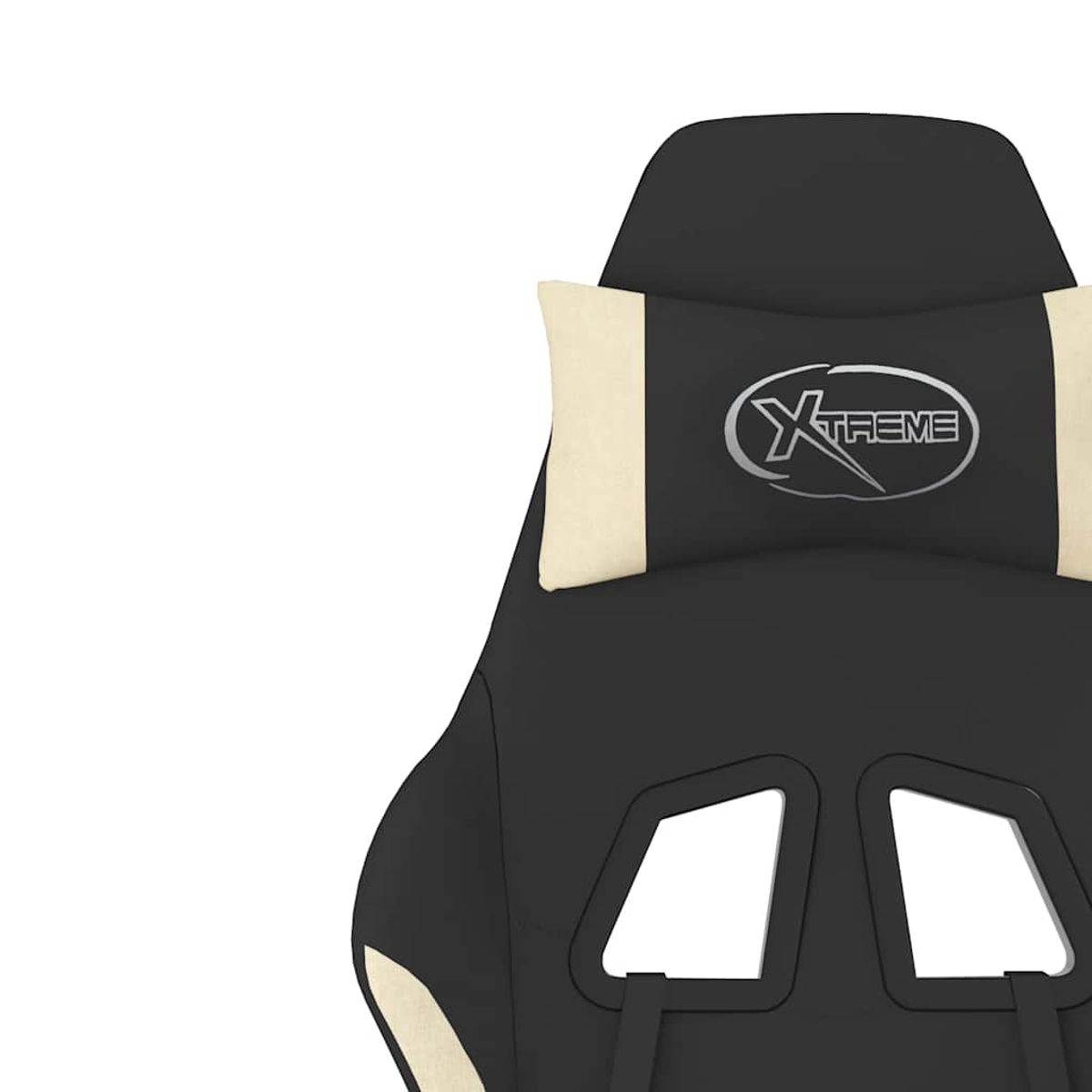 Schwarzer Gaming-Stuhl mit beiger Lendenwirbelstütze und Logo.