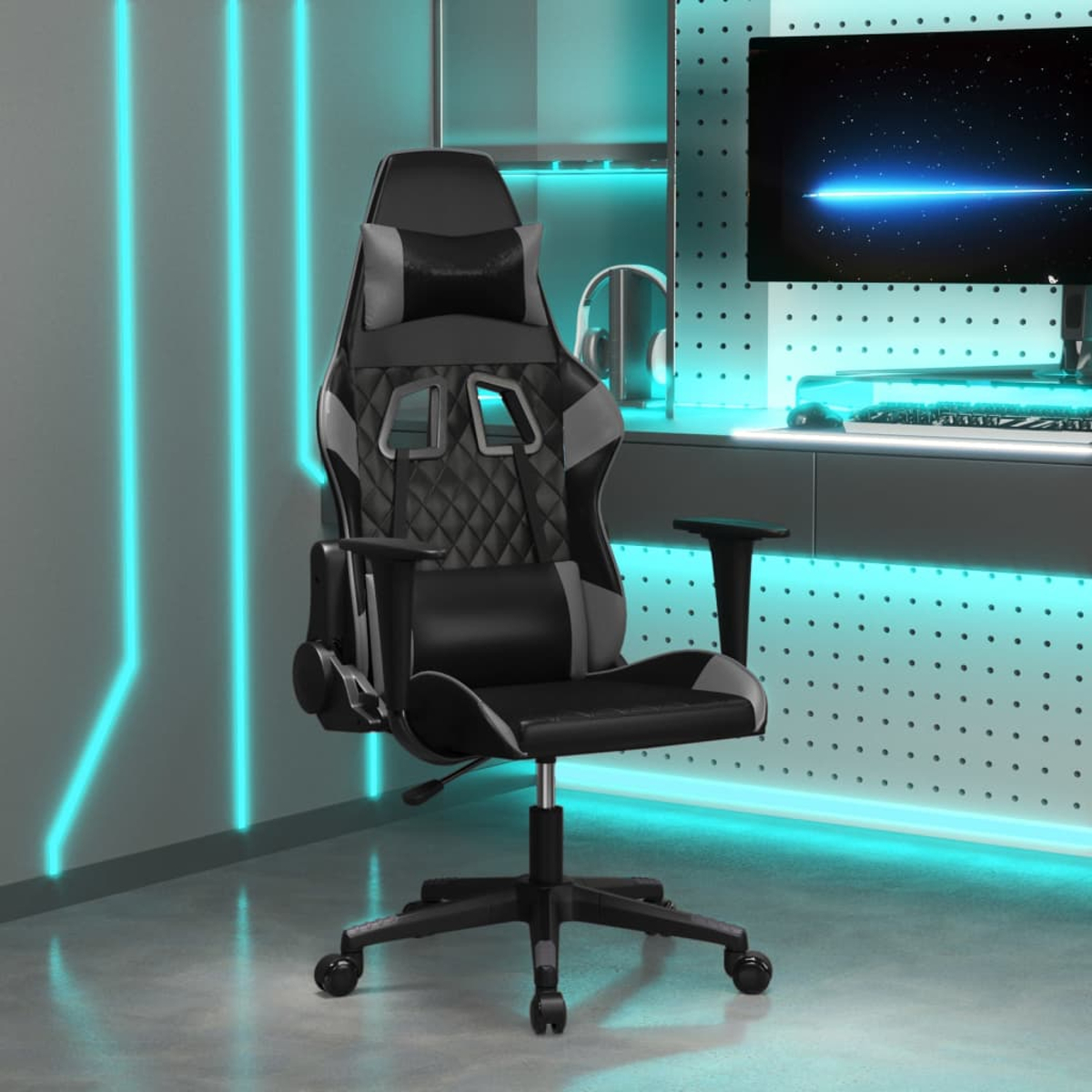 Ein schwarzer Gaming-Stuhl mit grauen Akzenten steht in einem Raum mit blauen Neonlichtern.