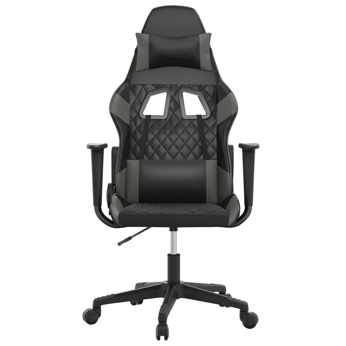 Ein schwarzer und grauer Gaming-Stuhl mit Rädern.