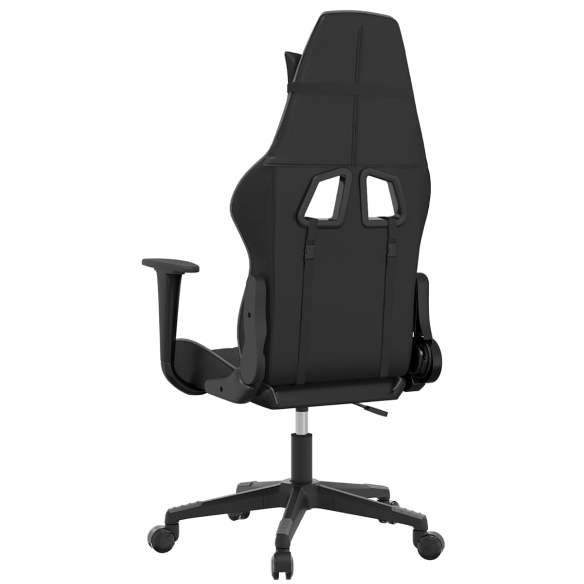Schwarzer Gaming-Stuhl von hinten mit verstellbaren Armlehnen und Rädern.